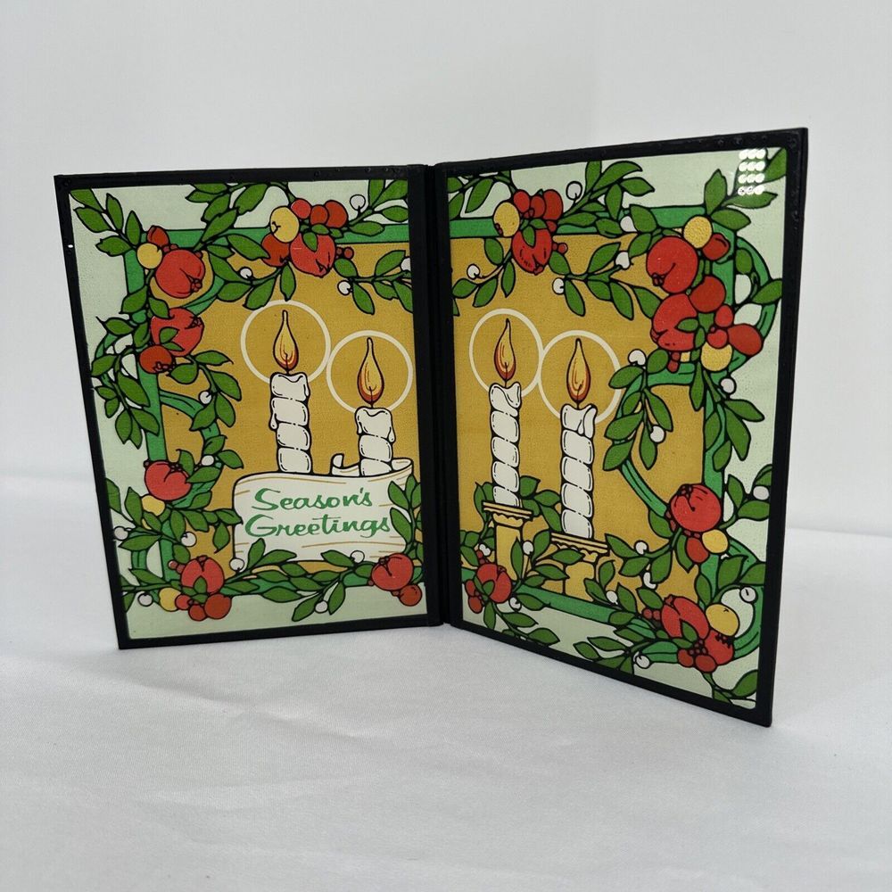 Yorkraft 1977 Seriglass 975 Season's Greetings Stained Window Christmas Candles